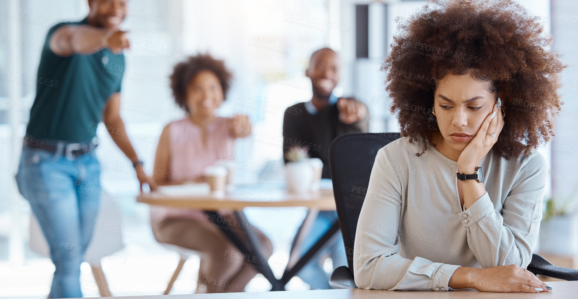 Buy stock photo Workplace, gossip and bullying business people for Human Resources, mental health or office compliance. Corporate staff whisper of black woman with management problem, hr policy and depression risk