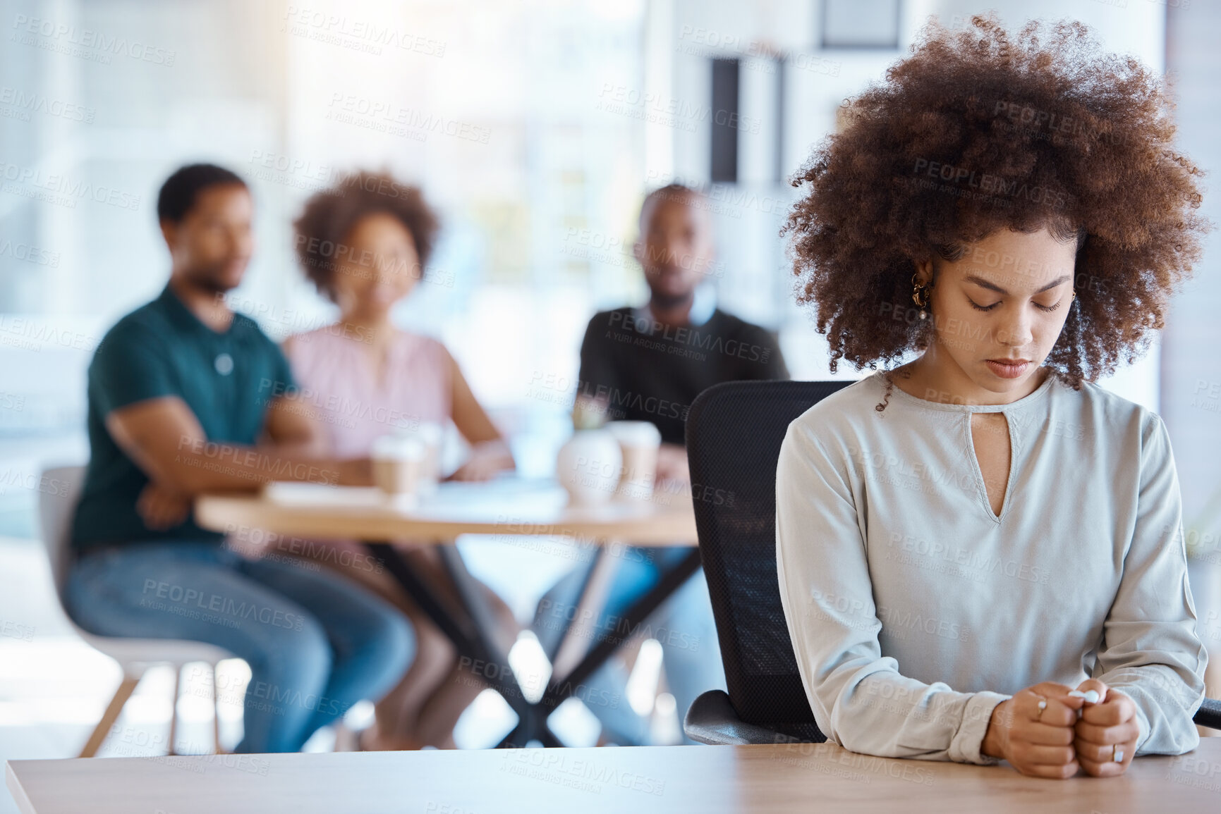 Buy stock photo Work burnout, anxiety and mental health with woman, sad worker, problem or fail at company with depression from staff office gossip. Tired employee, thinking of mistake with life and stress with job.