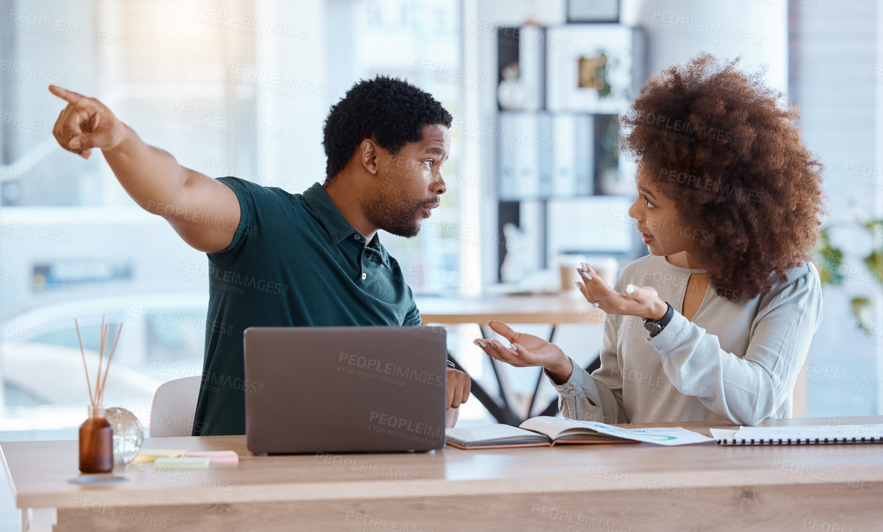 Buy stock photo Divorce, pointing and angry couple fight over conflict trouble, life problem and taxes or finance debt at home. Financial crisis anger, marriage fail and frustrated black woman, man or people argue