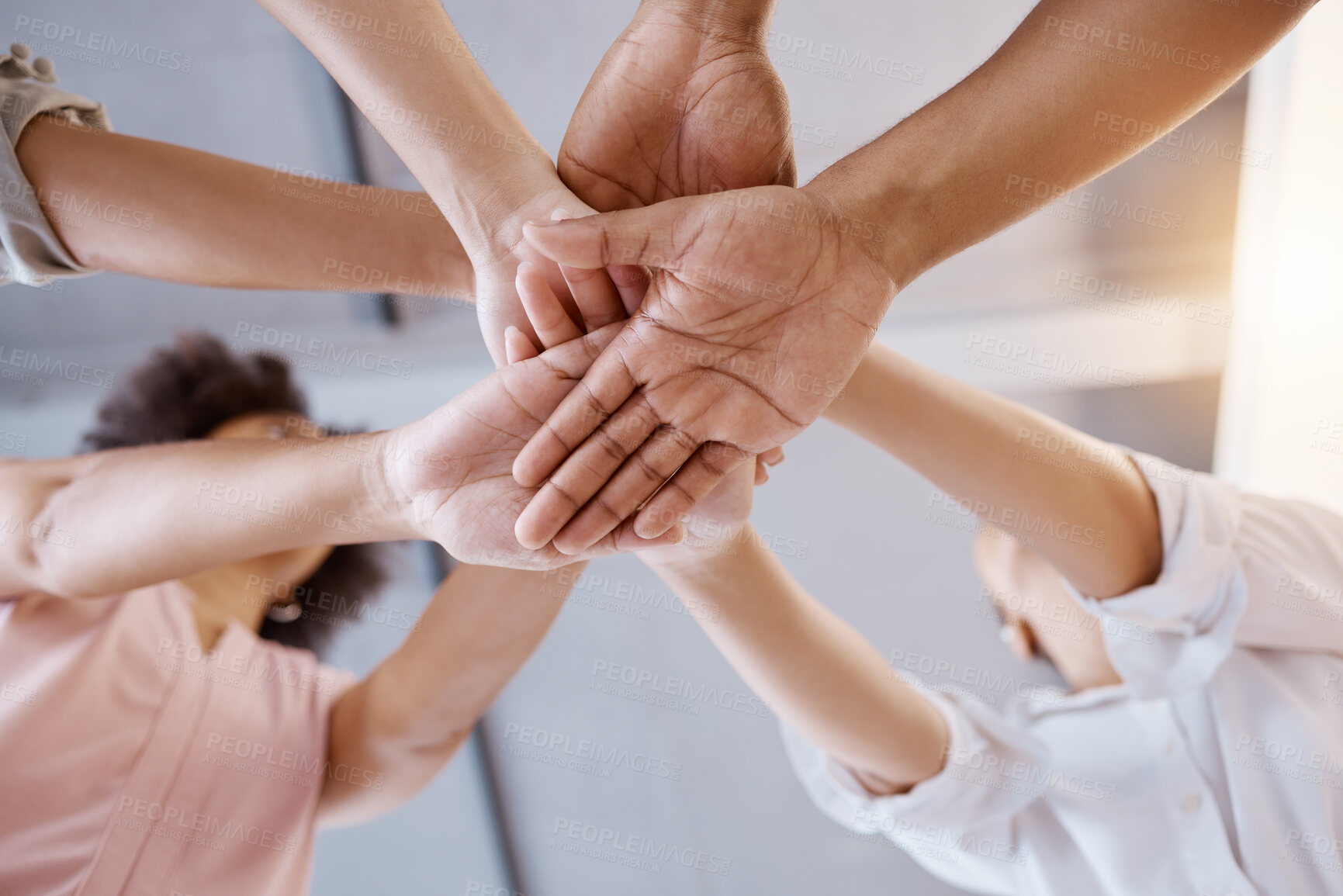 Buy stock photo Teamwork, stack of hands and business people together in solidarity, collaboration and community. Diversity, support and motivation of professional friends in unity circle at a meeting in the office.