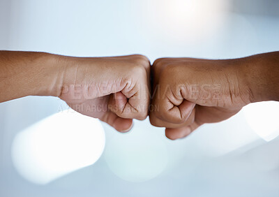 Buy stock photo Fist bump, support and employees meeting for partnership, collaboration or business together at work. Hands of corporate workers greeting with thank you, motivation or trust in a goal and strategy