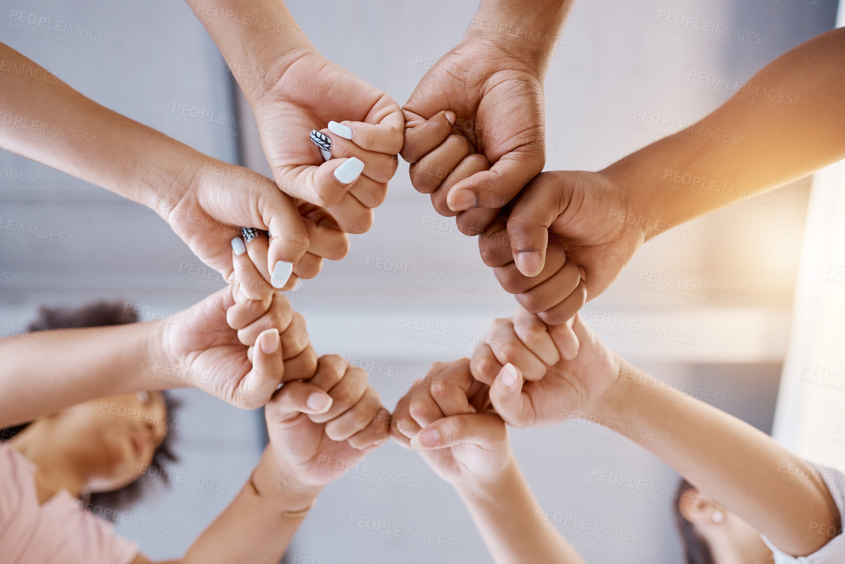 Buy stock photo Fist bump, team building and business people in a meeting with mission, our vision and growth mindset in a circle. Below, huddle and hands of employees with group goals, targets and global support