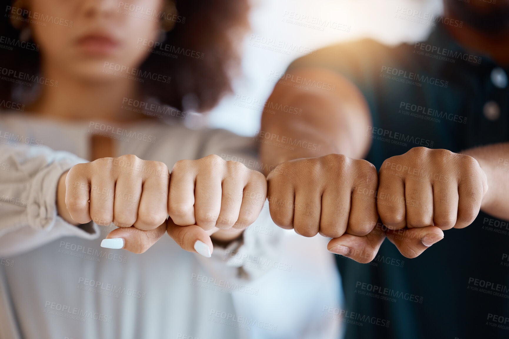 Buy stock photo Hands, black people and fist for teamwork, support or solidarity for common goals, mission or target. Trust, unity or business people fist bump for collaboration, team building or motivation together