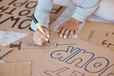 Buy stock photo Covid, poster and protest sign woman prepare, create and use carboard for vaccine, corona safety and protection. Female, write and demonstrators against vaccinations, make placard and slogan. 