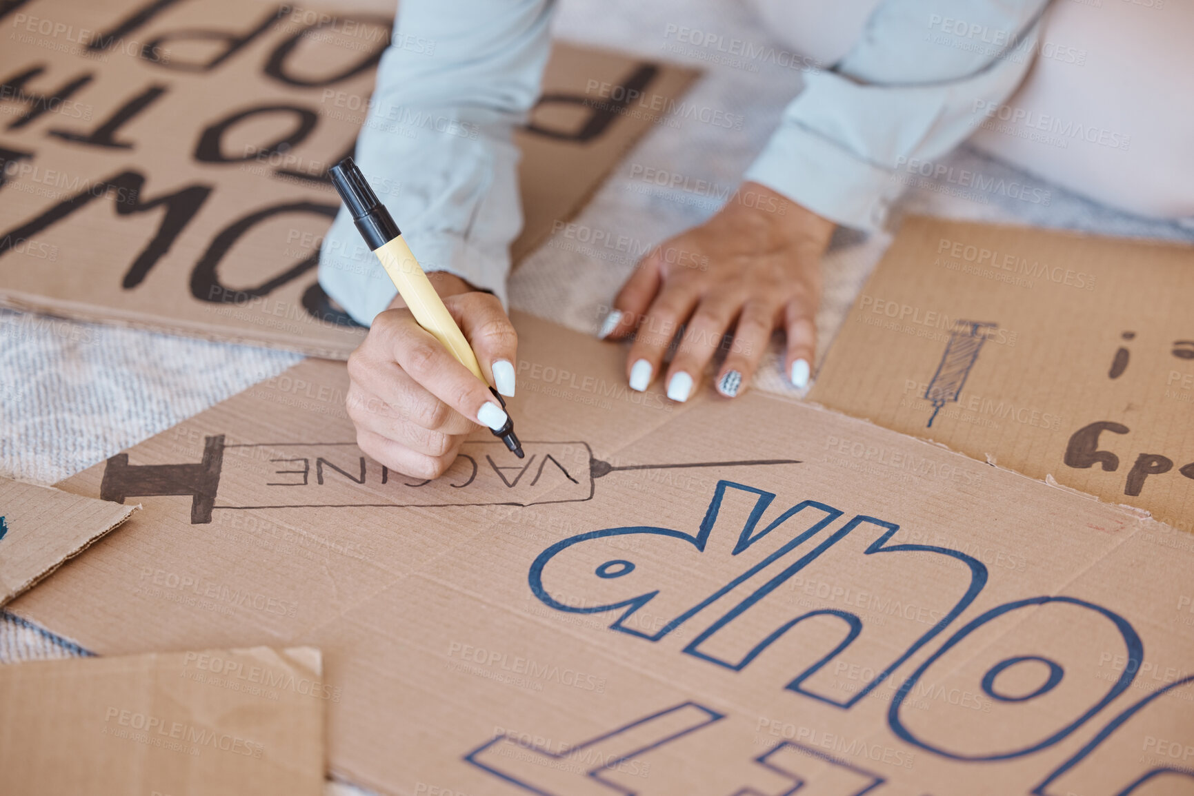 Buy stock photo Covid, poster and protest sign woman prepare, create and use carboard for vaccine, corona safety and protection. Female, write and demonstrators against vaccinations, make placard and slogan. 