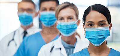Buy stock photo Healthcare, covid and compliance by team of doctors leading with medical innovation during a global pandemic. Health, safety and face mask with cardiology experts in the front line at disease clinic