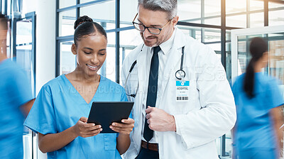 Buy stock photo Doctor, nurse and digital tablet in a hospital for healthcare, planning and medical innovation. Medicine, vision and health experts collaboration with medic intern discussing online treatment plan