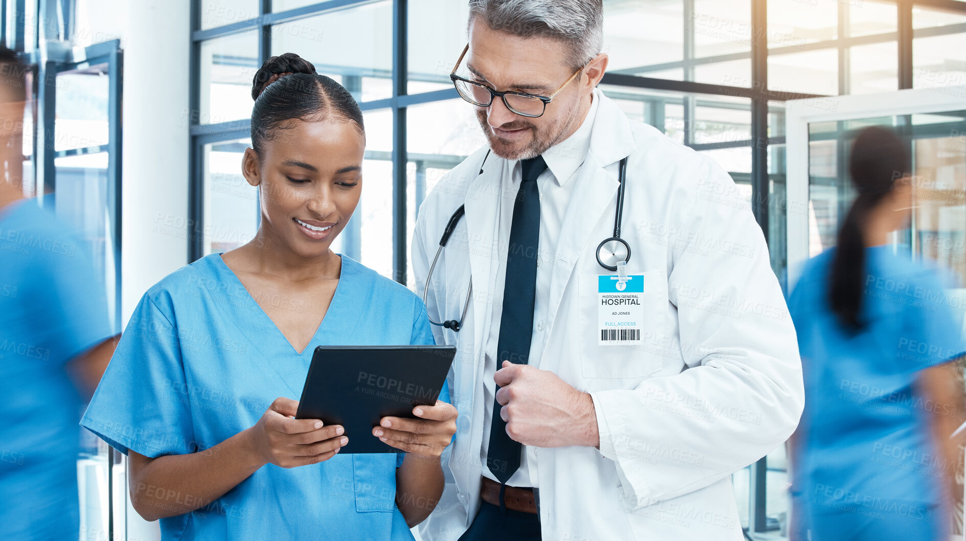 Buy stock photo Doctor, nurse and digital tablet in a hospital for healthcare, planning and medical innovation. Medicine, vision and health experts collaboration with medic intern discussing online treatment plan