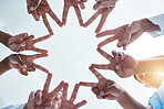 Peace, team building and hands of business people with star shape using teamwork, support and global solidarity. Collaboration, below and group of workers in a huddle with our vision in a company