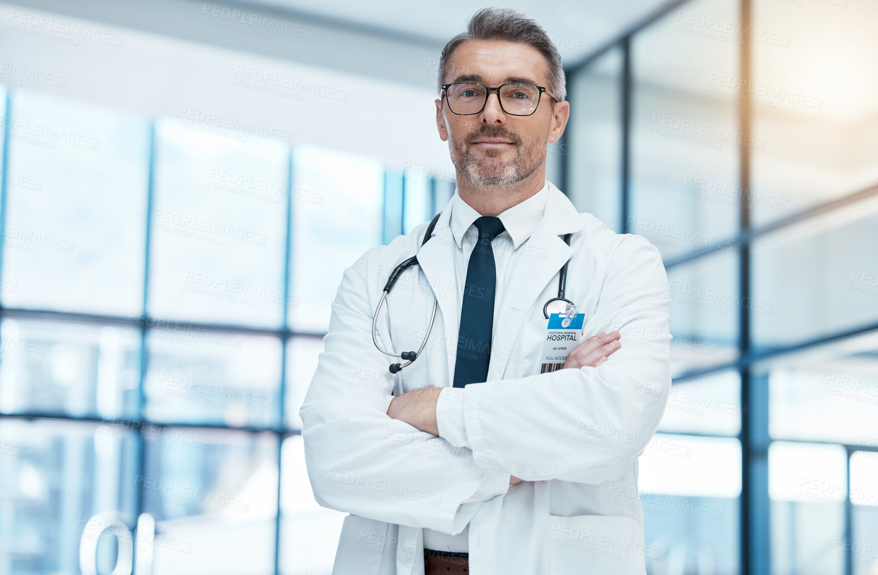 Buy stock photo Doctor, senior man and arms crossed with glasses and stethoscope in medical healthcare clinic. Health medic research expert, science innovation leader and proud professional surgeon in hospital