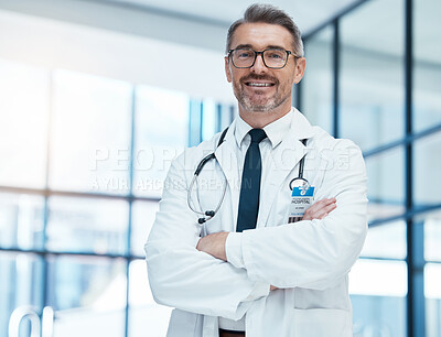 Buy stock photo Healthcare, innovation and doctor in portrait for trust, research leadership and health insurance in a hospital or clinic. Medical expert worker senior man for goal, motivation and happy with career