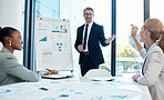 Strategy, planning and sales chart presentation, idea sharing in corporate brainstorming workshop at startup. Teamwork, leadership and CEO man and women in business growth meeting in office boardroom
