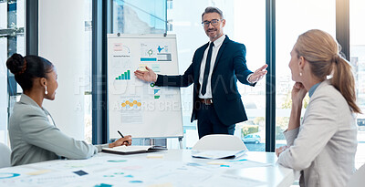 Buy stock photo Presentation, financial meeting and business people in office, discussing chart, data and growth. Leader, businessman and sales review with team collaboration on development, economy and analysis