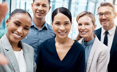 Buy stock photo Selfie, office and diversity, business people or team standing in corporate workplace together. Portrait, trust and friends, colleagues or group take picture for happy memory after boardroom meeting.