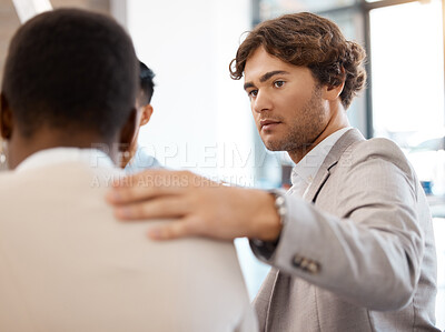 Buy stock photo Depression, mental health and business people in a support group for therapy for a stressed African worker with anxiety. Sad, diversity and depressed employee in a company team meeting for counseling