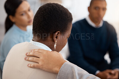 Buy stock photo Mental health, support and black woman in a counseling therapy session with a group of people helping with stress. Meeting, anxiety and depressed employee sad in debt, grief and depression at work