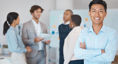 Buy stock photo Leadership, motivation or happy Asian businessman leader in meeting for diversity, teamwork or team building with smile. Happy employee, manager or worker with success, innovation or team building.