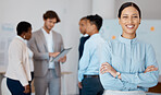 Business, corporate and worker with smile while working in management at a law company. Portrait of a happy and young lawyer with arms crossed, pride and leadership vision for legal agency at work