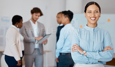 Buy stock photo Business, corporate and worker with smile while working in management at a law company. Portrait of a happy and young lawyer with arms crossed, pride and leadership vision for legal agency at work