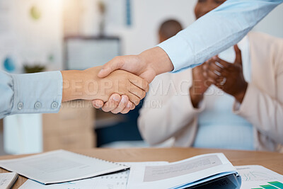 Buy stock photo Collaboration, handshake, agreement and meeting for project, contract and approve business application. Close up, employees and teamwork for cooperation in construction office,  partnership and deal