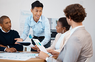 Buy stock photo Meeting, infographics presentation and business people talking in an office. Businessman presenting graphs, statistics and growth analysis of business to team. Diversity and teamwork in the workplace