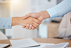 Contract, deal and handshake business people for partnership, agreement or b2b client welcome meeting, Team, lawyer or manager shaking hands in onboarding interview, thank you or work collaboration