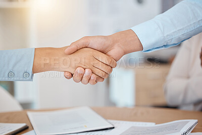 Buy stock photo Contract, deal and handshake business people for partnership, agreement or b2b client welcome meeting, Team, lawyer or manager shaking hands in onboarding interview, thank you or work collaboration