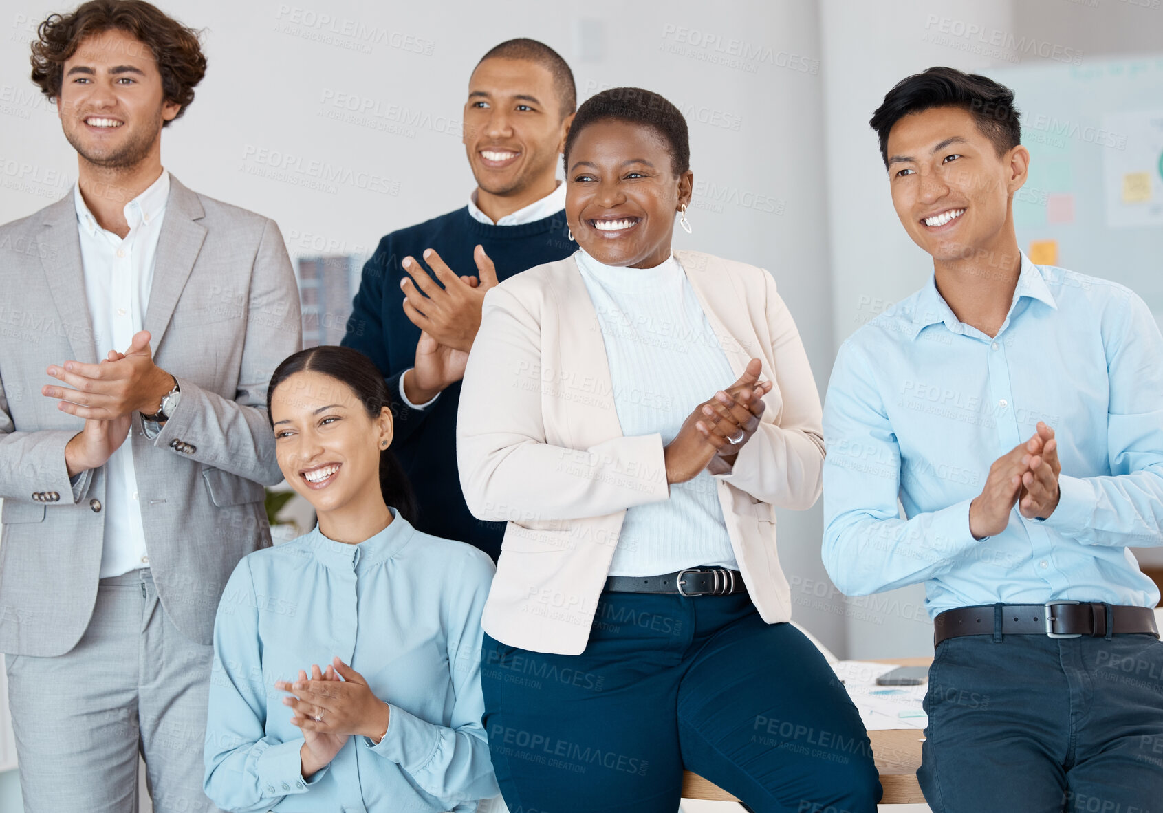 Buy stock photo Team, applause and business people, collaboration and diversity together in office for corporate. Happy, men and women, team building meeting and congratulations, support and teamwork success.