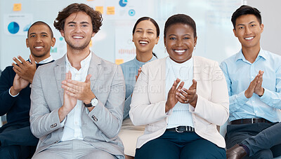 Buy stock photo Business audience, applause and diversity people clapping hands for collaboration success and achievement at training meeting or celebration. Men and women clap for seminar, thank you and respect