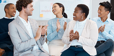 Buy stock photo Support, motivation and success with a business team clapping during a workshop for learning, coaching and development. Collaboration, teamwork and goal with a crowd in celebration of an achievement
