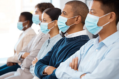 Buy stock photo Covid, face mask and people at a business convention sitting in row. Healthcare, networking and audience wearing mask at conference, seminar or trade show during covid 19 pandemic in corporate office