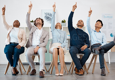 Buy stock photo Business people, team and hands raised for asking question during workshop, training or meeting. Collaboration, teamwork and goal with crowd pointing up to volunteer, praise or show advertising idea