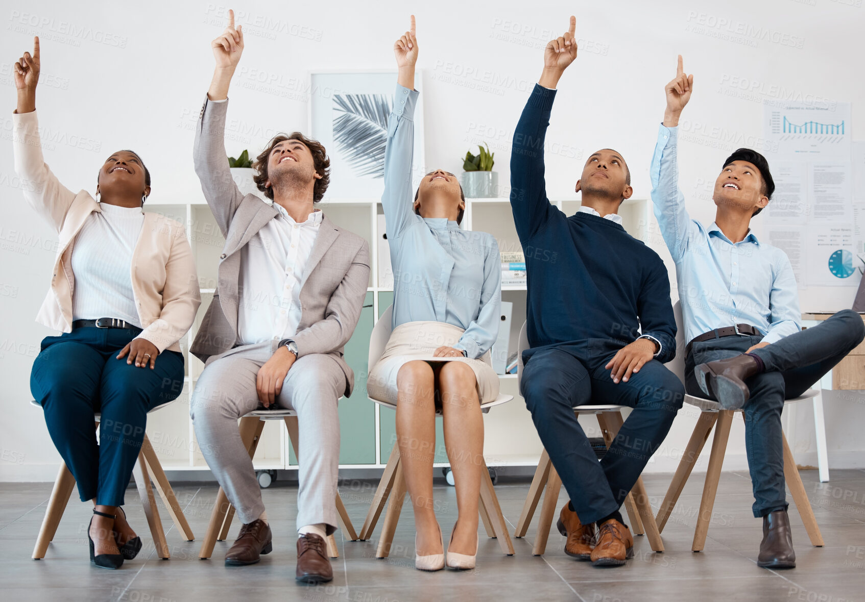 Buy stock photo Business people, team and hands raised for asking question during workshop, training or meeting. Collaboration, teamwork and goal with crowd pointing up to volunteer, praise or show advertising idea