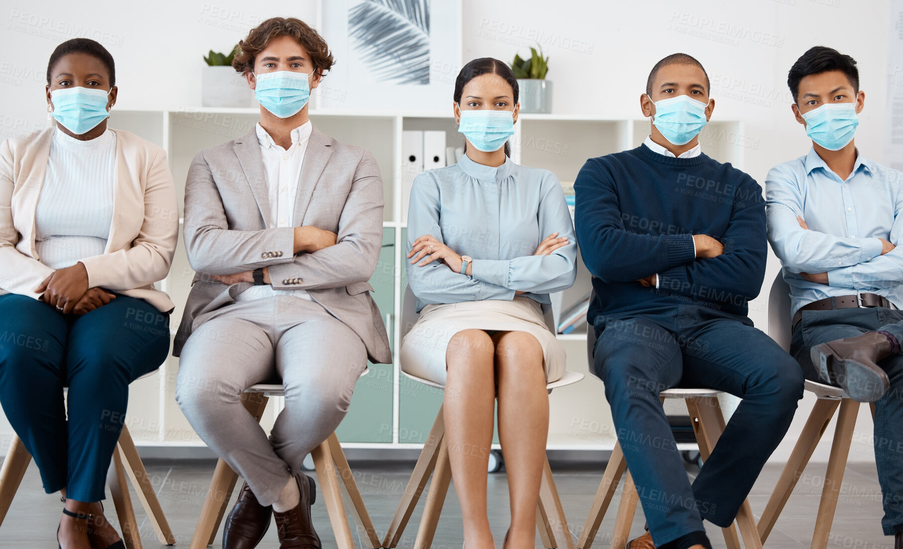 Buy stock photo Recruitment during covid, hiring and diversity business people with mask for safety from corona virus pandemic. Portrait of group of people in waiting room for job interview with human resources hr