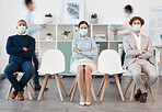 Covid face mask, social distancing or busy office men or woman with arms crossed, safety compliance or virus security. Portrait, business people diversity or covid 19 healthcare in job interview line