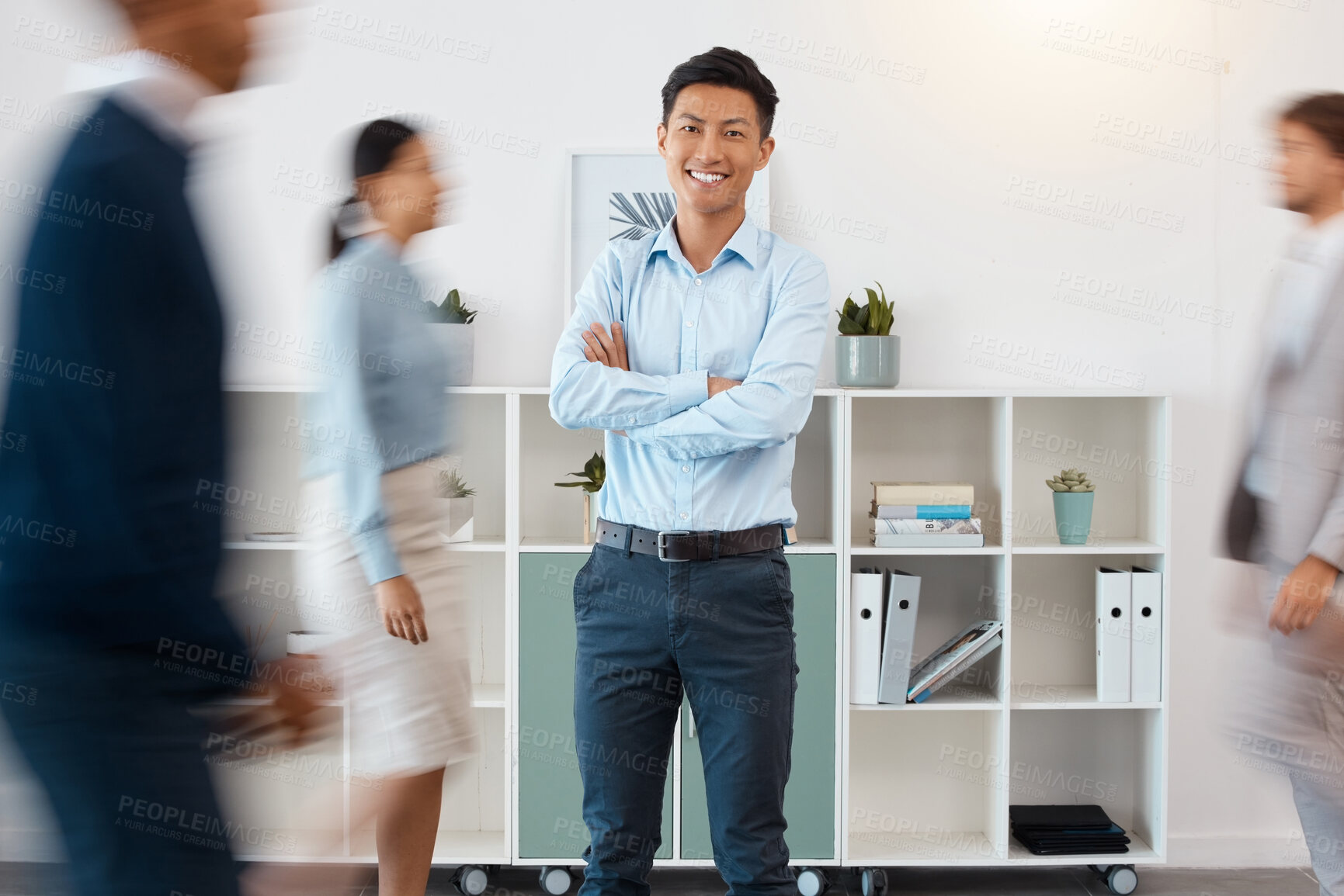 Buy stock photo Business, corporate worker and happy asian manager with smile in busy accounting audit company office. Portrait of young businessman, finance employees and management leader with proud arms crossed