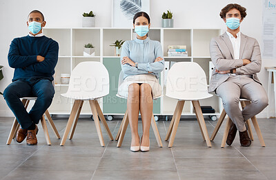 Buy stock photo Covid regulations and recruitment chair row with responsible candidate group with social distancing. Interview, pandemic and hiring in corporate company with  virus protocol for employee safety.

