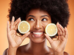 Beauty, skincare and black woman with lemon in hands and smile on face posing for organic, healthy and natural ingredients in skincare products. Facial, body care and wellness for spa detox treatment