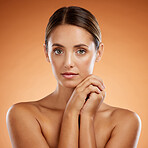 Beauty, skincare and portrait of woman with a cosmetic makeup or natural facial routine in a studio. Health, wellness and model from Mexico with a clean, fresh and beautiful face by brown background.