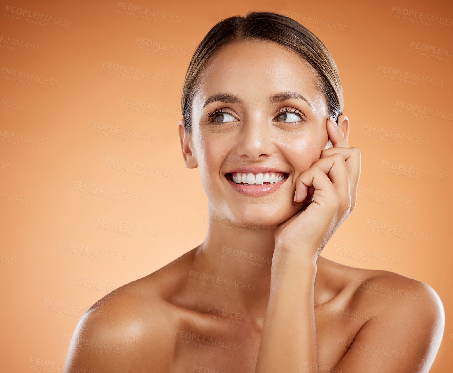 Buy stock photo Face, portrait and skincare for beauty woman with smile for facial health against an orange mockup studio background. Cosmetic model happy about natural wellness and dermatology with mock up space