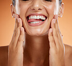 Woman, teeth and smile for dental, care and clean hygiene in health isolated against a studio background. Closeup of happy toothy woman smiling in beauty for hygienic mouth, oral and gum treatment