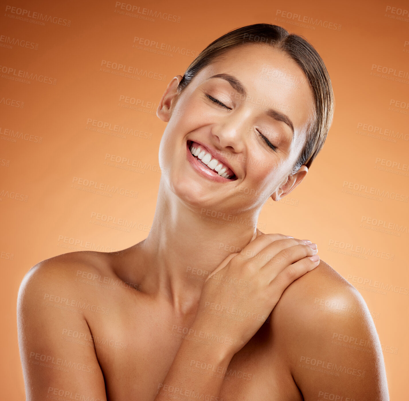 Buy stock photo Face, beauty and skincare of woman with eyes closed on orange studio background. Makeup, cosmetics and elegant happy female model from Canada with glowing skin after facial spa treatment for wellness