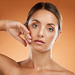 Natural beauty, skincare and woman touch skin or face for makeup cosmetics product in cosmetology advertising. Portrait of female model show clean, fresh and glow after dermatology facial treatment