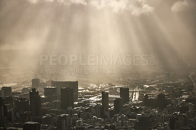 Buy stock photo City, sky and architecture with downtown view of a building and skyscraper cityscape under clouds and sunlight. Business, office and buildings as a skyline view of an urban financial district