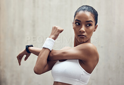 Buy stock photo Exercise, black woman athlete and stretching for fitness, wellness and health doing training, focus and in sportswear. Female trainer, healthy girl or doing workout warm up, for body care and outdoor