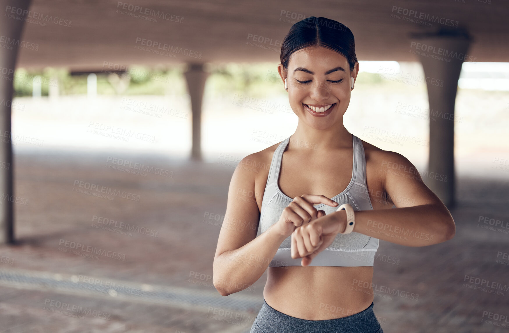 Buy stock photo Woman, music earphones or smart watch for fitness timer, wellness workout or London city training exercise. Smile, happy or clock technology for sports person, runner or heart health personal trainer