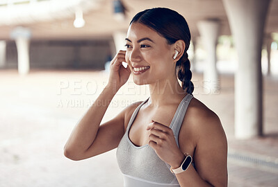 Buy stock photo Music, happy and motivation woman training for fitness with audio podcast in the city of Australia. Face of a latino athlete runner running for cardio exercise while listening to the radio or audio