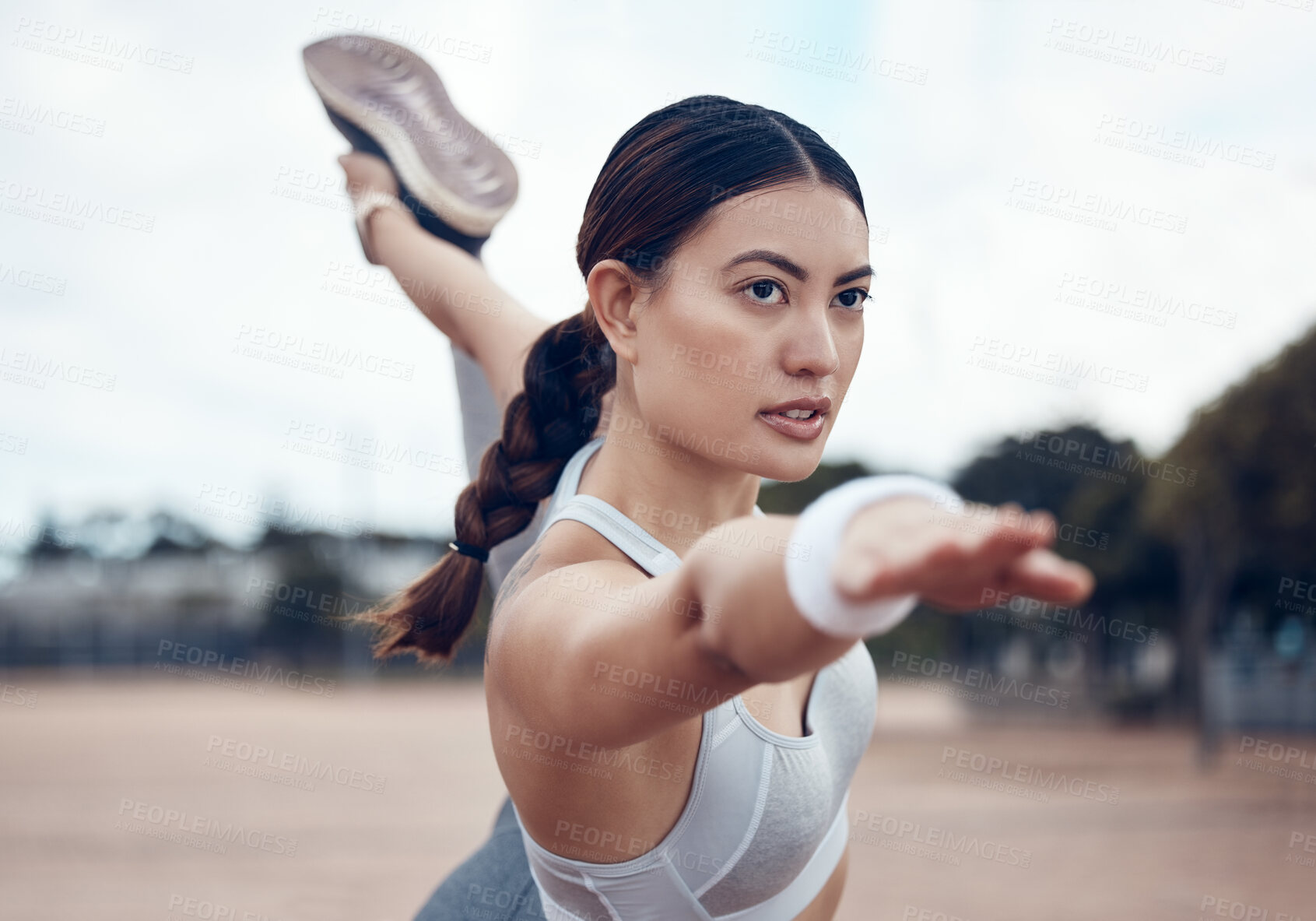 Buy stock photo Fitness, woman and stretching in pose for exercise, workout and training for healthy lifestyle in the outdoors. Active female in sports stretch for health, wellness and cardio routine in a urban town