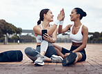 High five, success and fitness friends with goals, motivation and winning mindset in celebration of targets. Sports, teamwork and happy women celebrate running workout, exercise and cardio progress