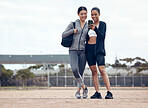 Women, phone or fitness selfie after training, workout or exercise in Colombian stadium. Smile, happy or sports runners or friends on mobile 5g technology for health data analysis or wellness success